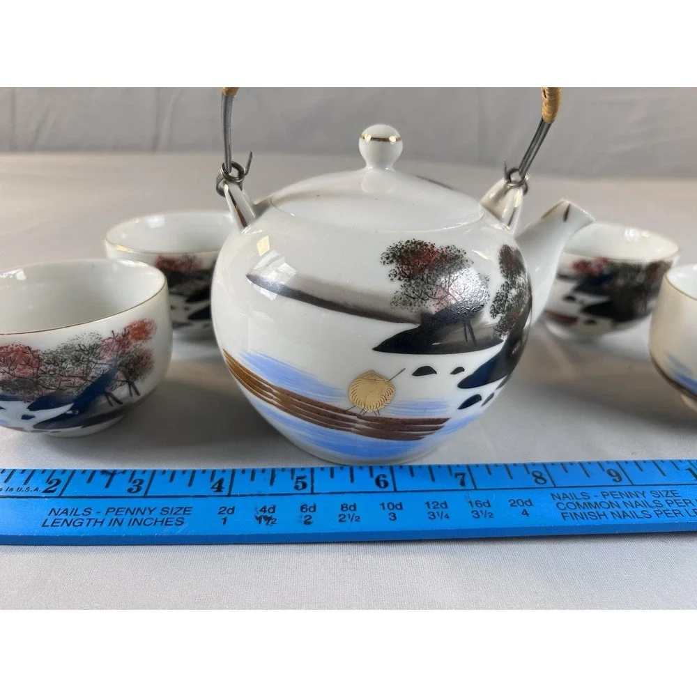 Vintage Japanese Tea Set Teapot & 6 Cups Hand Painted‎ Bamboo Handl